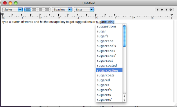 escape key for word suggestions