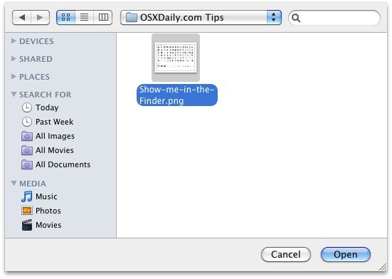 Reveal Finder location of item from Open and Save dialog box