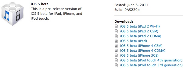 iOS 5 Beta 1 Download on Dev Center