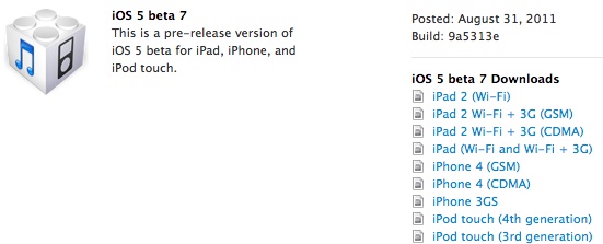 iOS 5 beta 7 IPSW downloads on dev center