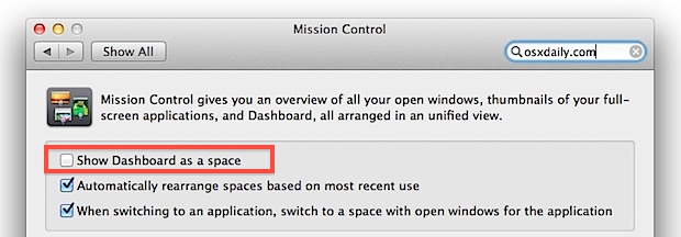 Don't show Dashboard as a Space in Mac OS X Lion