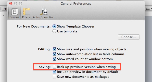 Disable backup of Pages files in the Finder