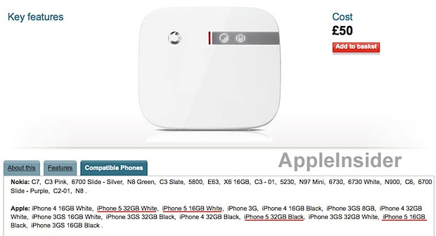iPhone 5 references on a Vodafone product page
