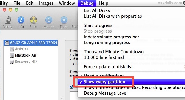 Show hidden partitions in Mac OS X with Disk Utility