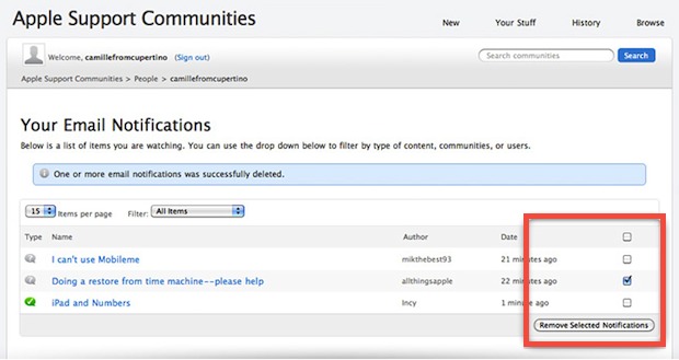 Stop email notifications from Apple Support Communities
