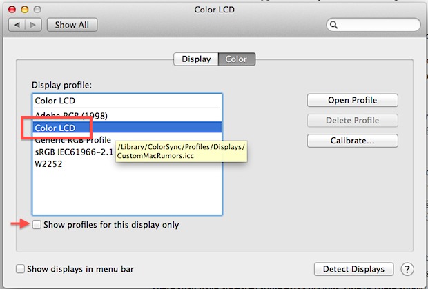 Select MacBook Air custom display profile