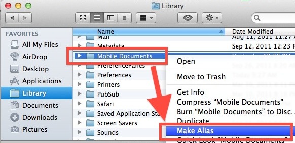 Create alias of Mobile Documents for Easy File Syncing with iCloud 