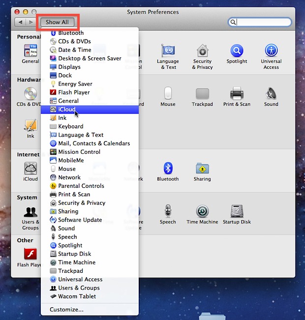 Pull Down System Preferences list