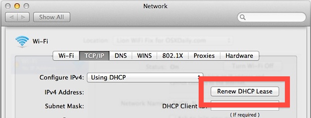 Renew DHCP in Mac OS X Lion