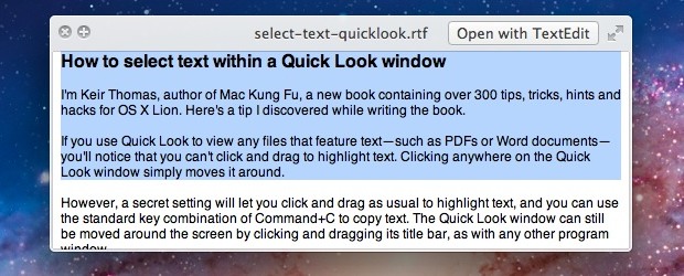 Select Text within QuickLook Windows