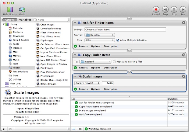 Batch resize pictures with Automator in Mac OS X