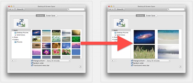 Increase the size of desktop wallpaper thumbnails in Mac OS X Lion
