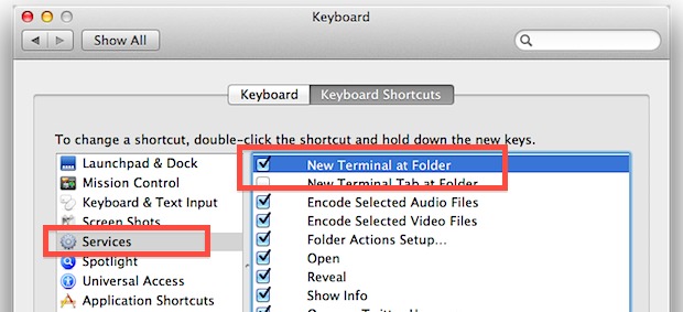 New Terminal at Folder setting in Mac OS X System Preferences