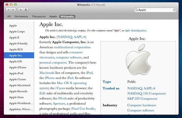 Wikipedia in Dictionary app 