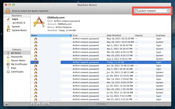 Find Airport in Keychain Access