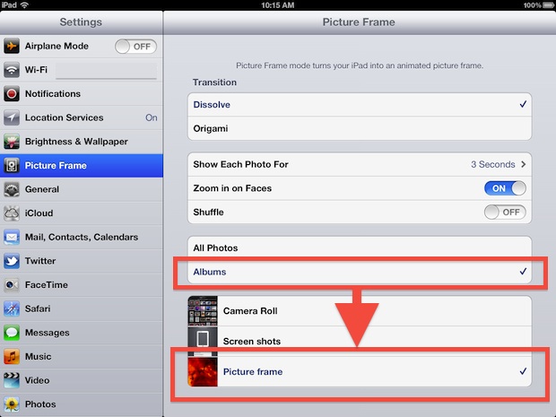 Select picture frame album for iPad