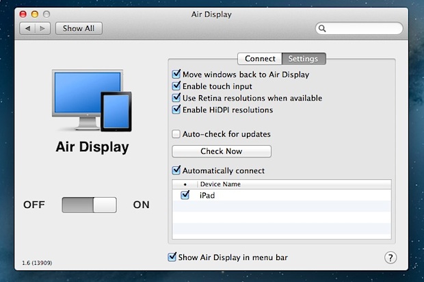 Air Display preferences in Mac OS X