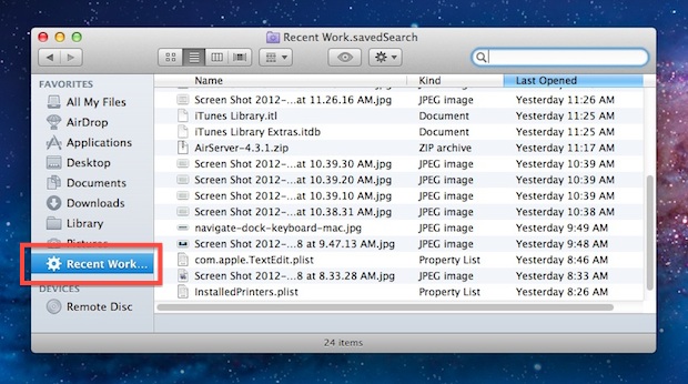 recent-work-folder Smart Folder containing recently used files