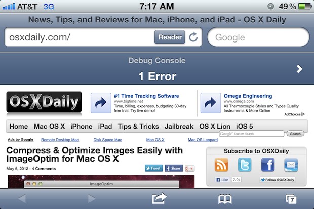 safari-debug-console-ios Safari Debug Console in iOS, as shown on iPhone