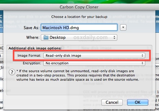 Set the disk image as DMG format