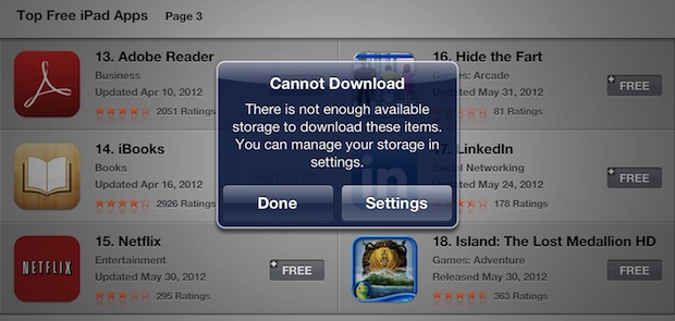 cannot-download-ios-app Cannot Download iOS app message, no storage space available