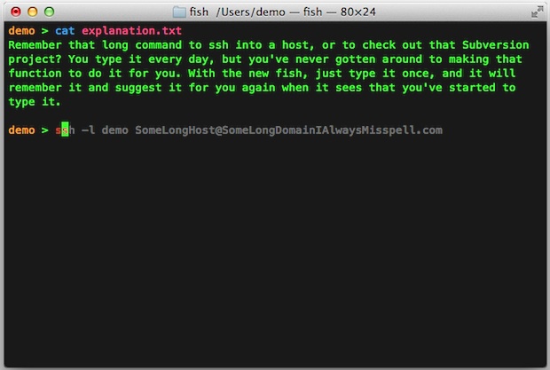 Fish Shell for Mac OS X showing autosuggestions