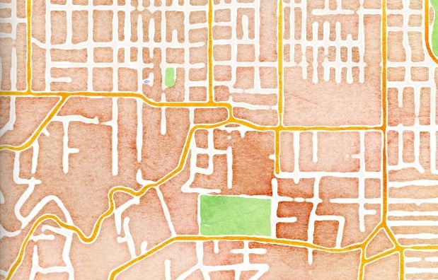 Satellite eyes neighborhood watercolor view