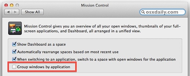 Turn off grouped windows in OS X Mountain Lion for Expose instead of Mission Control