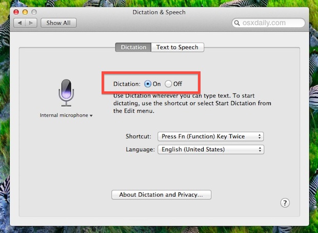 Turn on Dictation in OS X Mountain Lion 