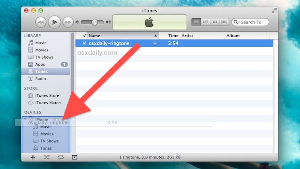 Drag & Drop the ringtone file onto the iPhone to copy it over