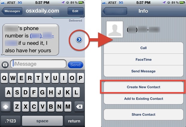 save-number-text-message-iphone Save a number from a text message and create a new contact on iPhone