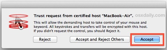 Accept mouse and keyboard sharing in Mac OS X 