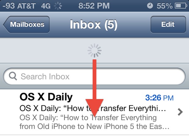 check-mail-ios-6-with-pull Check Mail in iOS 6 with a pull-to-refresh gesture