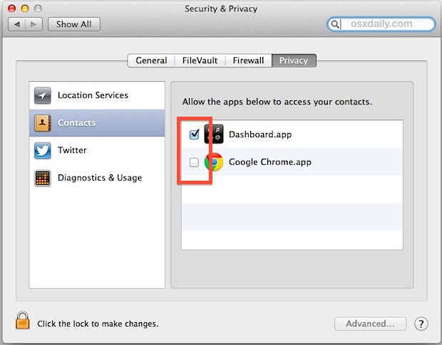Control which apps can access Contacts data in Mac OS X