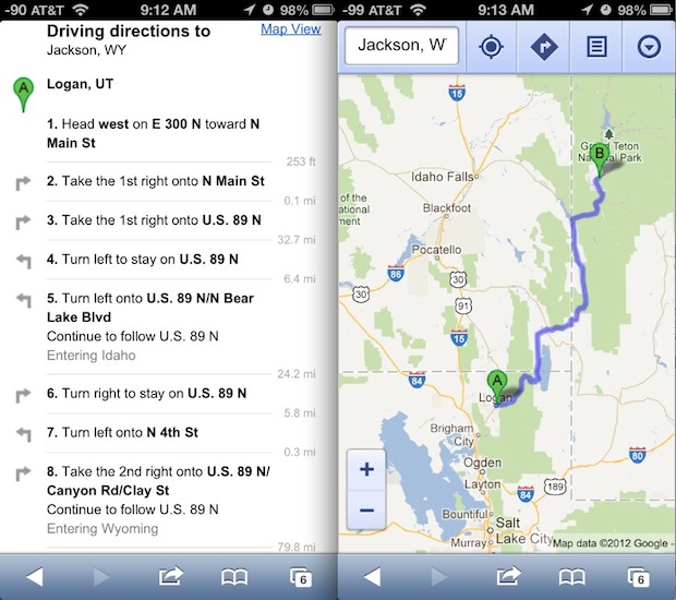google-maps-directions-iphone-5 Google Maps directions from web app in iOS 6 on iPhone 5
