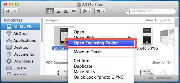 Open the Enclosing Folder of a file immediately from All My Files in OS X