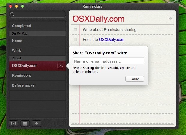Share Reminders from OS X or iCloud.com