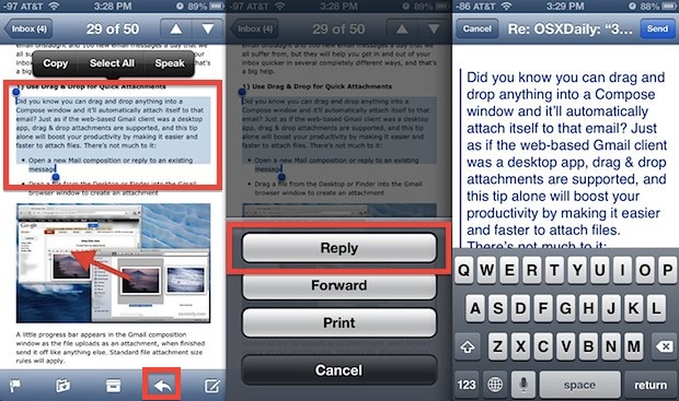 Reply to selected text on an iPhone with Mail