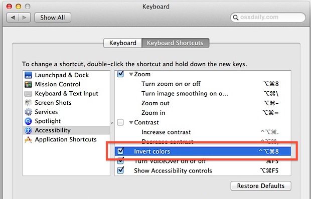Enable the Invert Display Colors keyboard shortcut