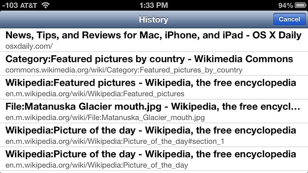Viewing browser history on iOS Safari