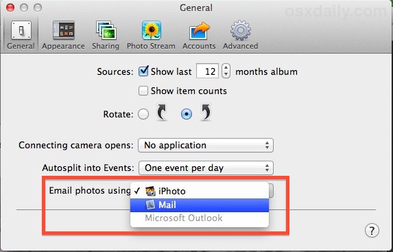 Email photos from iPhoto with Mail app