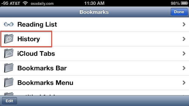 Access past browser history in iOS