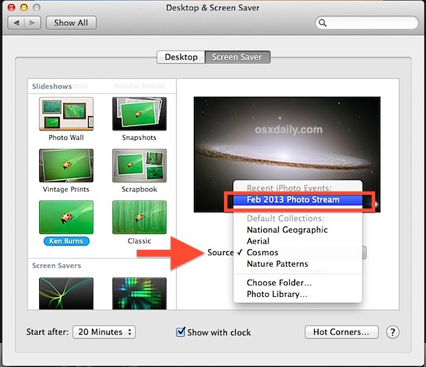 Select Photo Stream screen saver in Mac OS X 