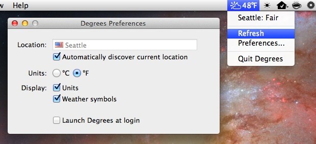 degrees-menu-bar Degrees menu bar item shows the weather