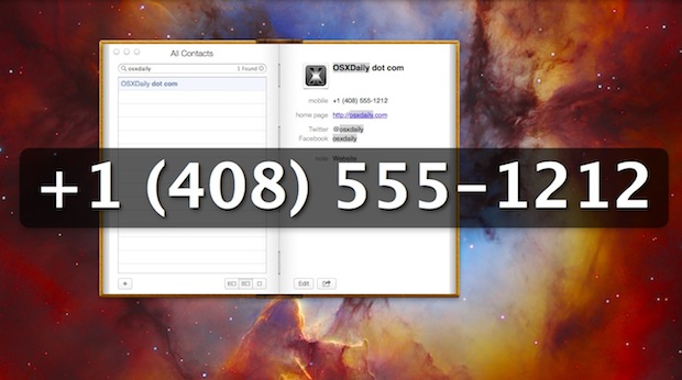 Large phone number shown in Contacts app of OS X