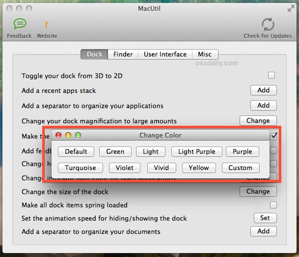 dock-indicator-light-options-macutil Change Dock indicator lights to new colors with MacUtil