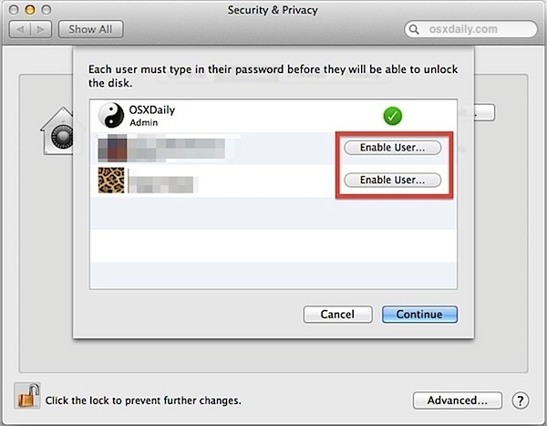 Enable FileVault for other users