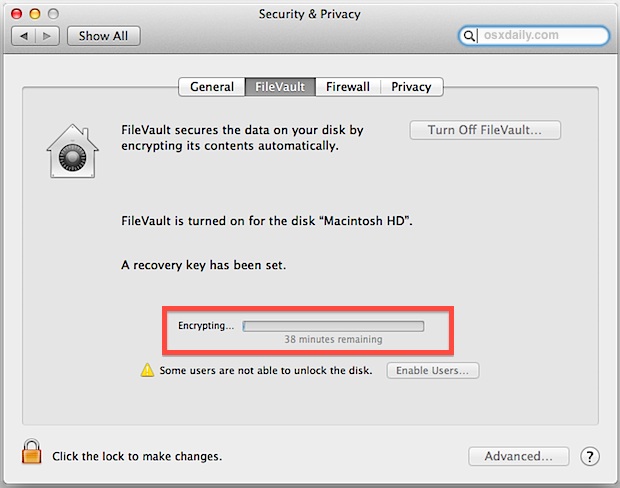 FileVault encryption progress on entire hard drive