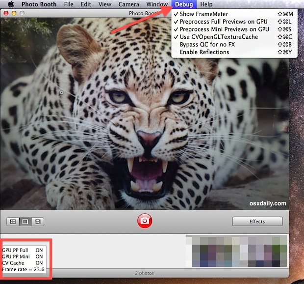 Photo Booth debug menu and frame rate shown