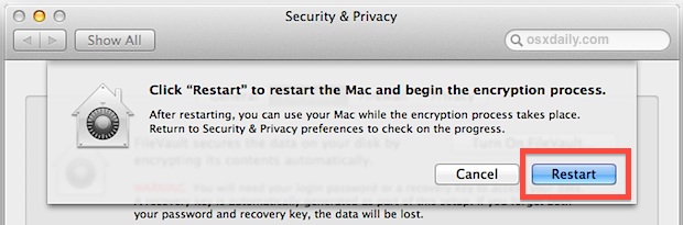 Restart to enable and begin FileVault encryption